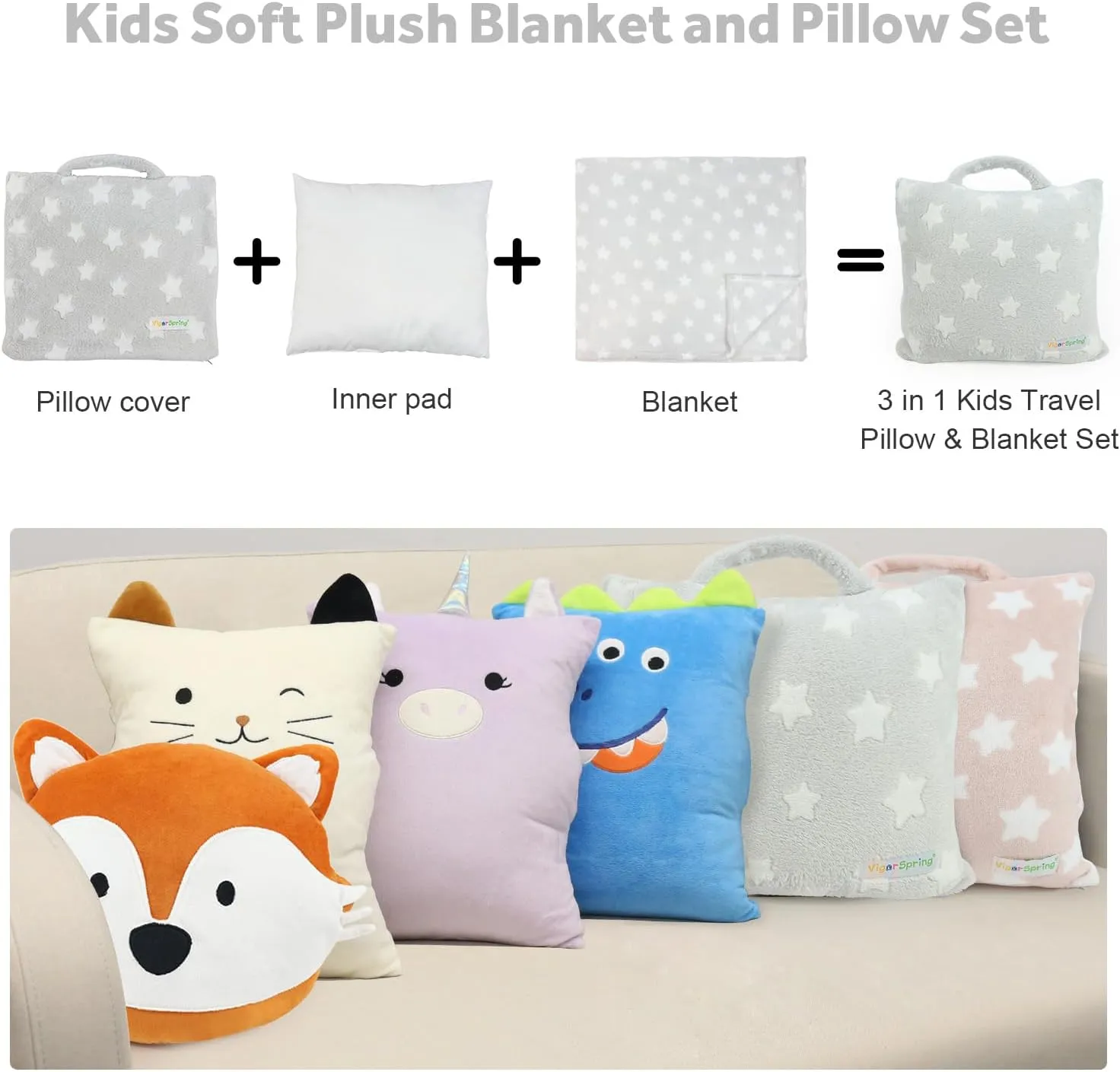 Travel Pillow and Blanket Set - Portable Comfort Item for Children - Grey Star Soft Kids Pillow Blanket (Star)