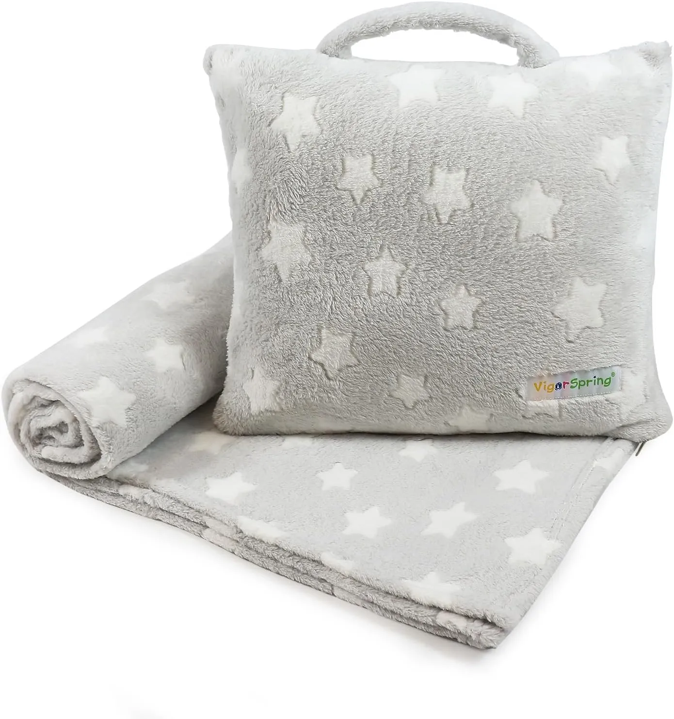 Travel Pillow and Blanket Set - Portable Comfort Item for Children - Grey Star Soft Kids Pillow Blanket (Star)