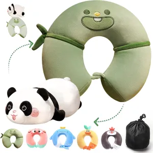 Travel Pillow for Kids Adults, 2 in 1 Deformable Cartoon Kids Neck Pillow, Soft Airplane Pillow Cute Animal Flight Pillow Head Rest Neck Support for Car - Green Panda