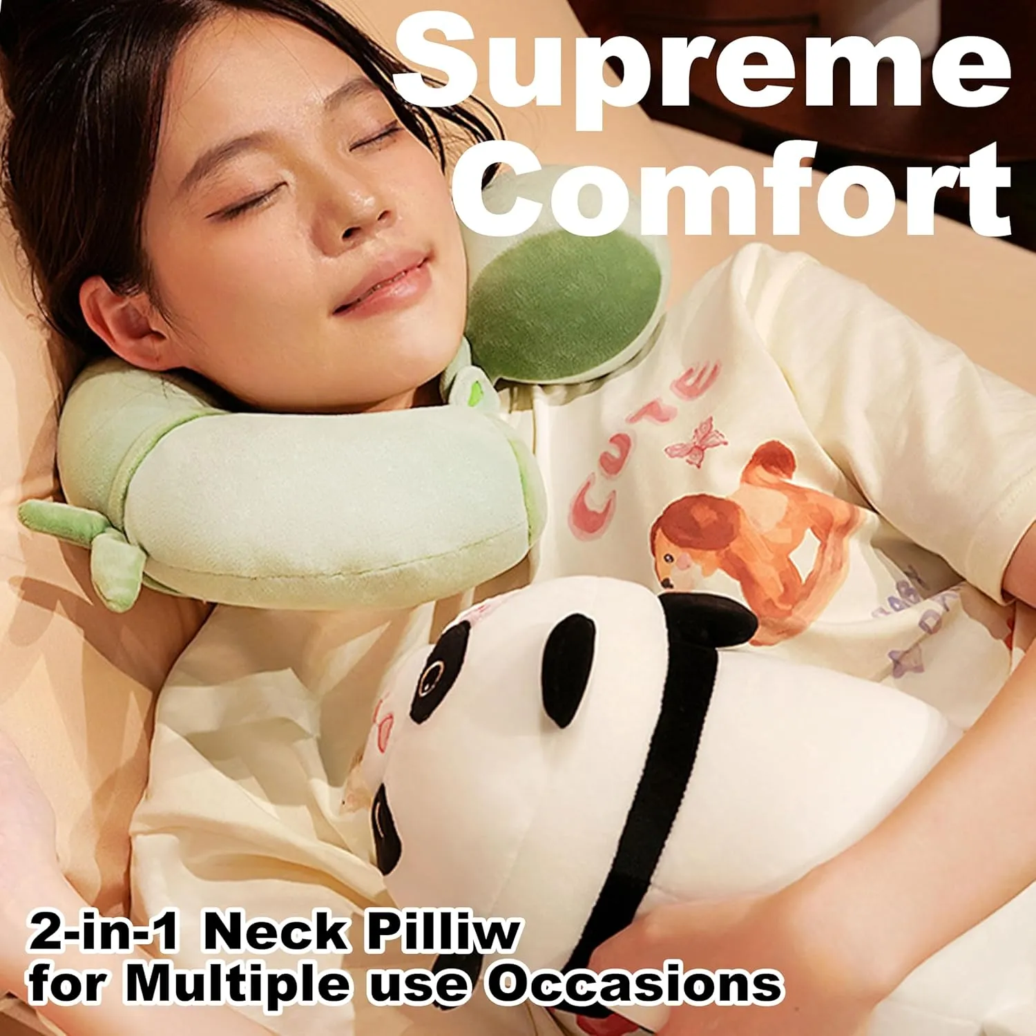 Travel Pillow for Kids Adults, 2 in 1 Deformable Cartoon Kids Neck Pillow, Soft Airplane Pillow Cute Animal Flight Pillow Head Rest Neck Support for Car - Green Panda