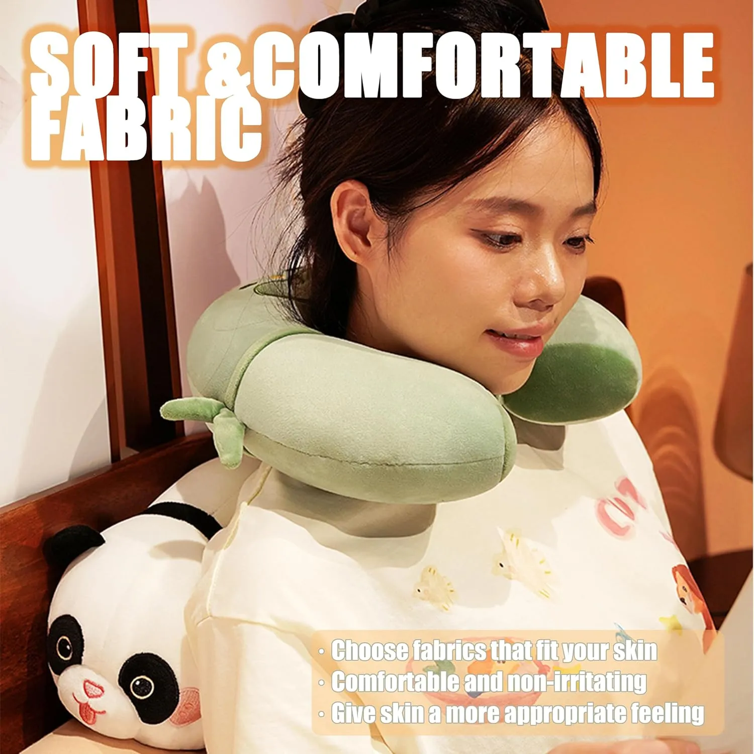 Travel Pillow for Kids Adults, 2 in 1 Deformable Cartoon Kids Neck Pillow, Soft Airplane Pillow Cute Animal Flight Pillow Head Rest Neck Support for Car - Green Panda