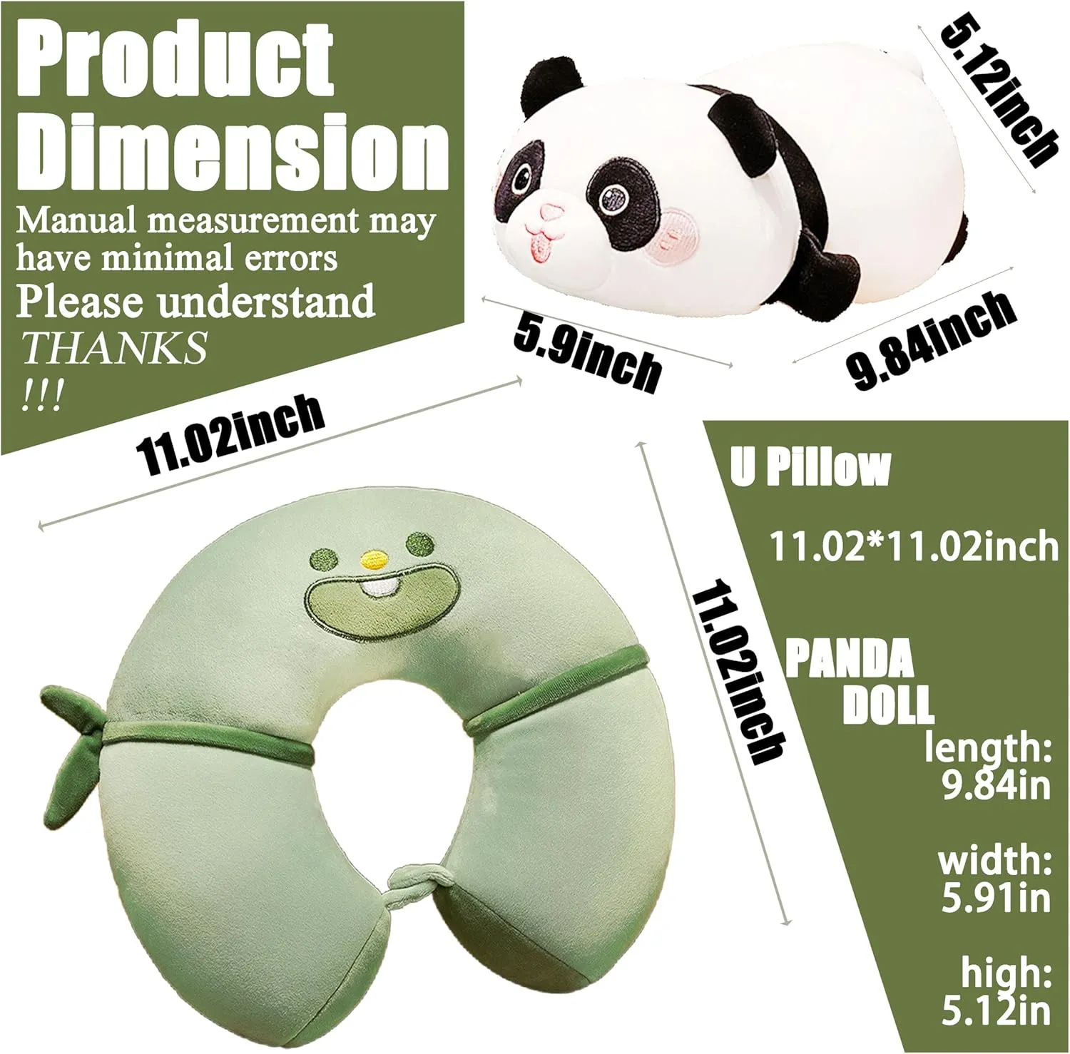 Travel Pillow for Kids Adults, 2 in 1 Deformable Cartoon Kids Neck Pillow, Soft Airplane Pillow Cute Animal Flight Pillow Head Rest Neck Support for Car - Green Panda