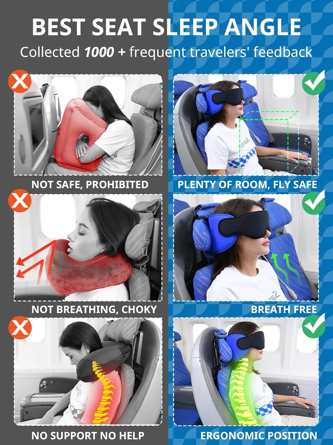Travel Pillows for Airplanes, Airplane Pillow for Long Flight, Airplane Head Strap with Eye Mask for Sleep, Travel Neck Pillow for Car Road Trip, 360° Support Headrest, Stop Bobblehead, Pink