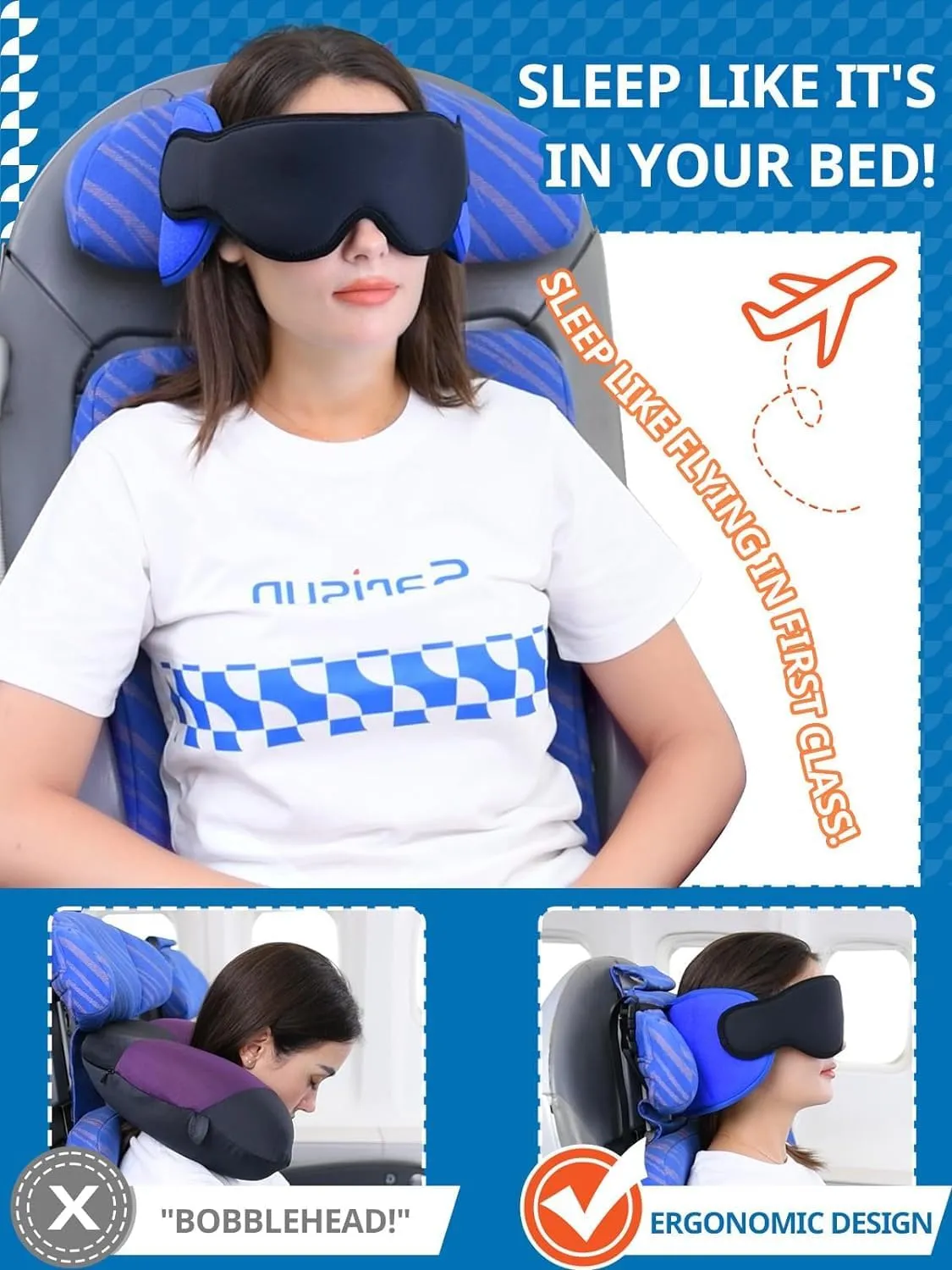 Travel Pillows for Airplanes, Airplane Pillow for Long Flight, Airplane Head Strap with Eye Mask for Sleep, Travel Neck Pillow for Car Road Trip, 360° Support Headrest, Stop Bobblehead, Pink