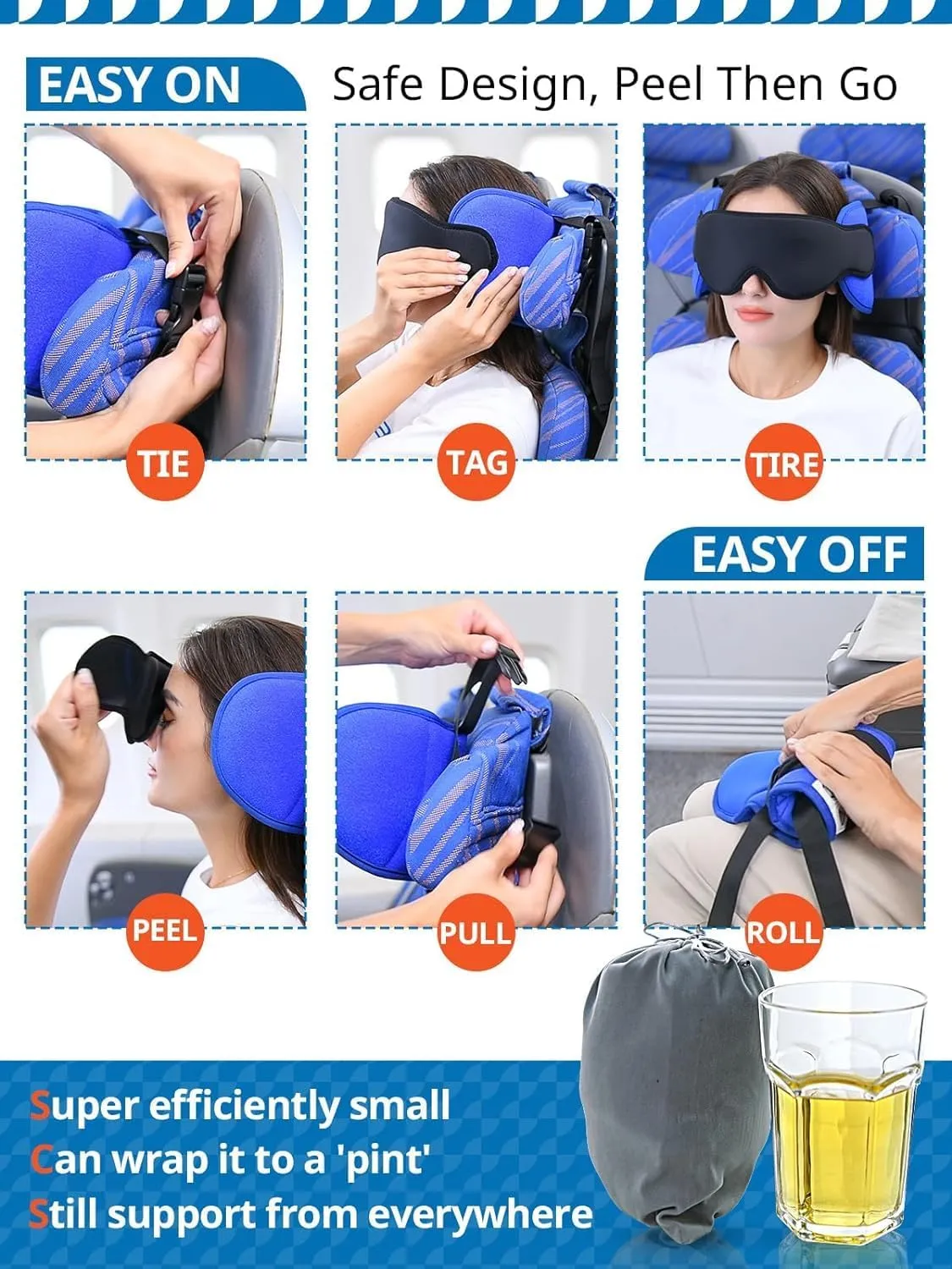 Travel Pillows for Airplanes, Airplane Pillow for Long Flight, Airplane Head Strap with Eye Mask for Sleep, Travel Neck Pillow for Car Road Trip, 360° Support Headrest, Stop Bobblehead, Pink
