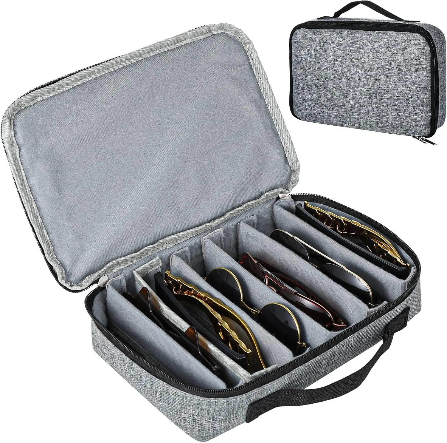 Travel Sunglasses Organizer Case, 8-Slot Travel Sunglasses Organizer Case with Adjustable Compartments, Portable and Lightweight Sunglasses Box with Zipper Closure and Soft Lining for Men and Women