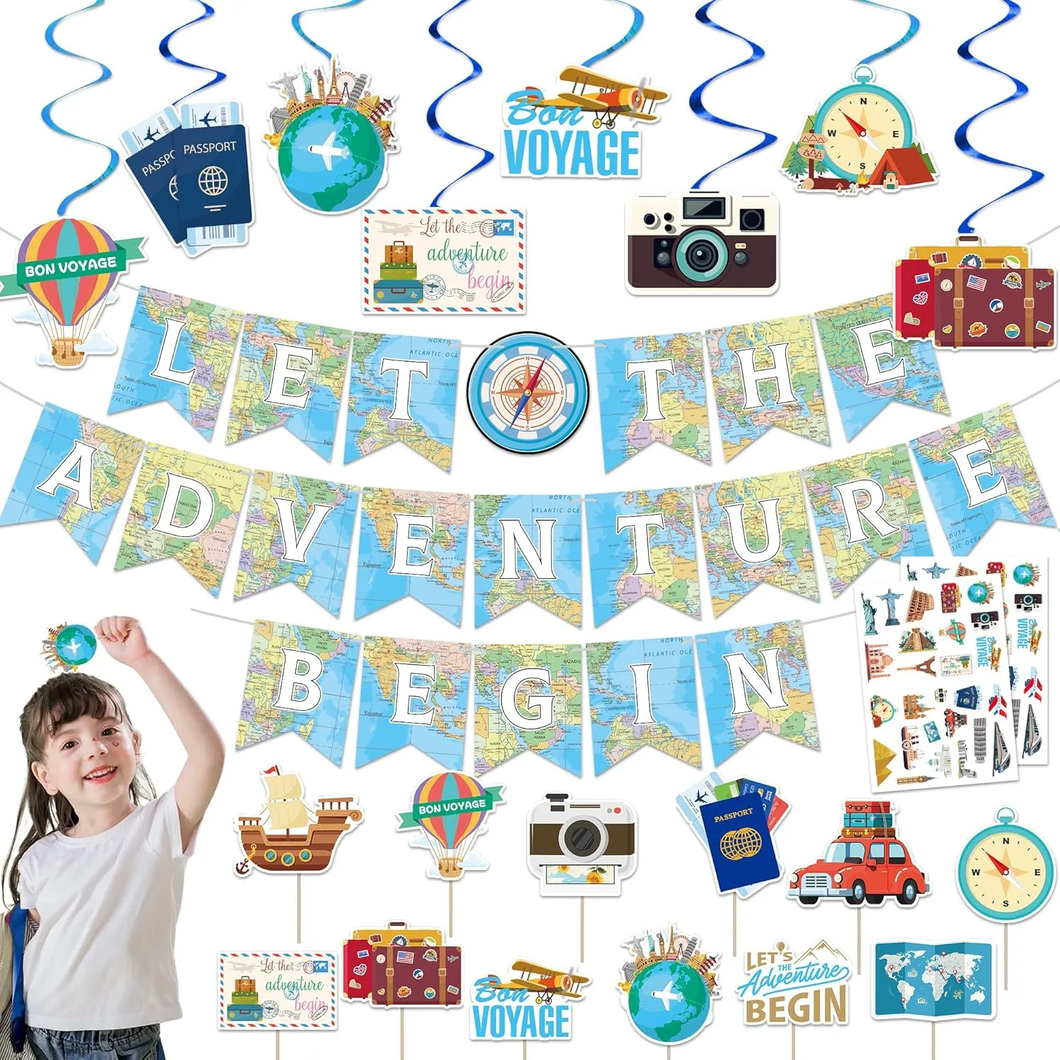 Travel Themed Party Decorations, 60 PCS Bon Voyage Party Decorations, Travel Decor for Home with Let The Adventure Begin Banner, Travel Stickers, Hanging Swirls and Photo Props