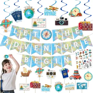 Travel Themed Party Decorations, 60 PCS Bon Voyage Party Decorations, Travel Decor for Home with Let The Adventure Begin Banner, Travel Stickers, Hanging Swirls and Photo Props