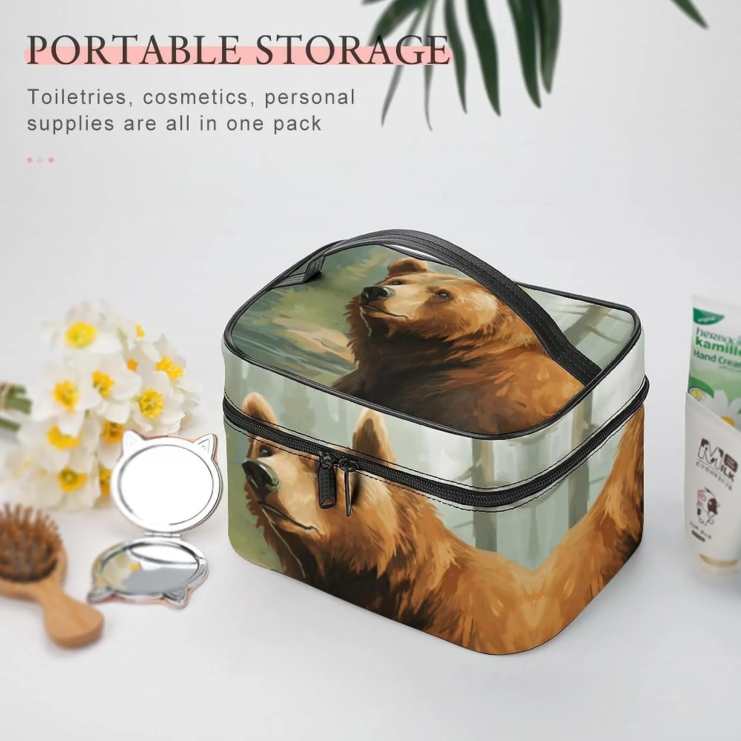 Travel Toiletry Bag for Women And Men,Brown Bear Water And Trees Toiletry Organizer, Makeup Bag Travel Organizer for Shampoo,Toiletries
