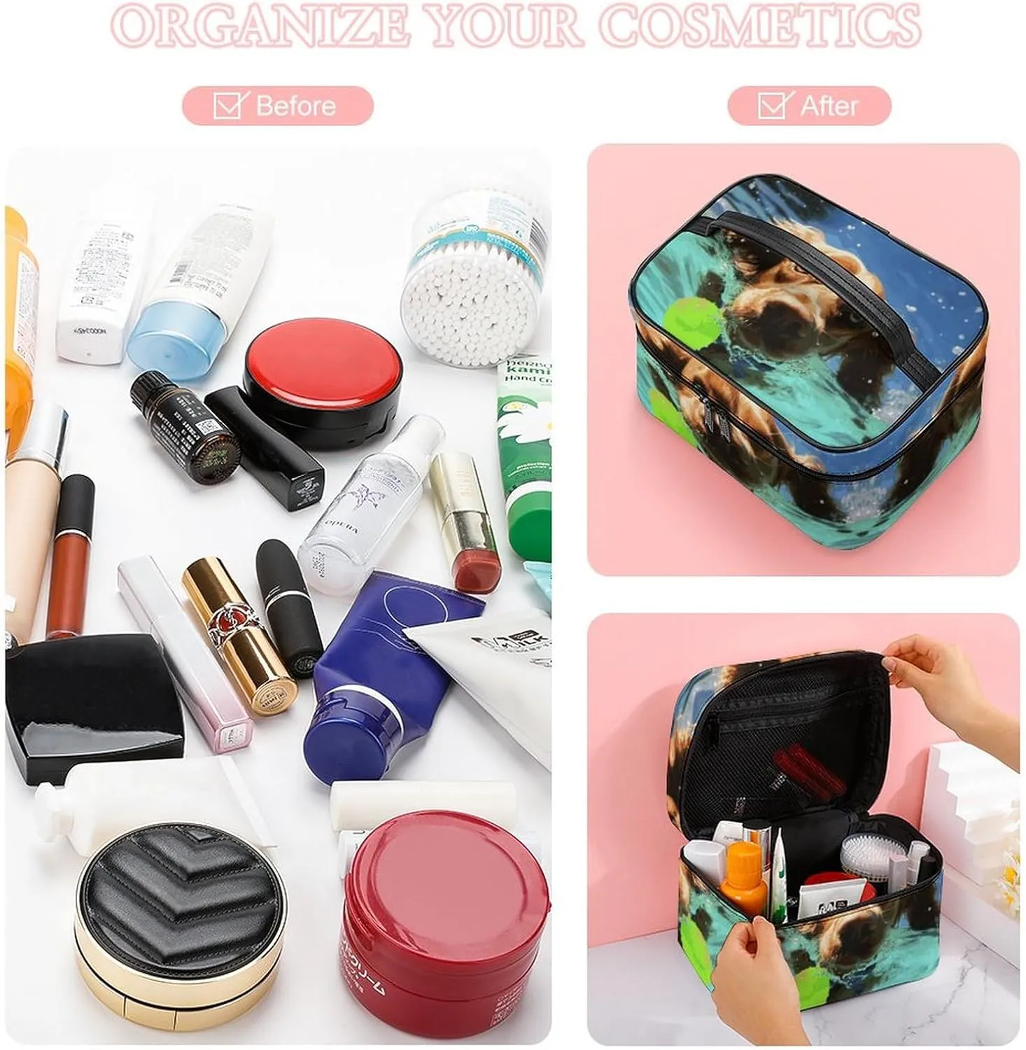 Travel Toiletry Bag for Women And Men,Funny Swimming Dog Toiletry Organizer, Makeup Bag Travel Organizer for Shampoo,Toiletries