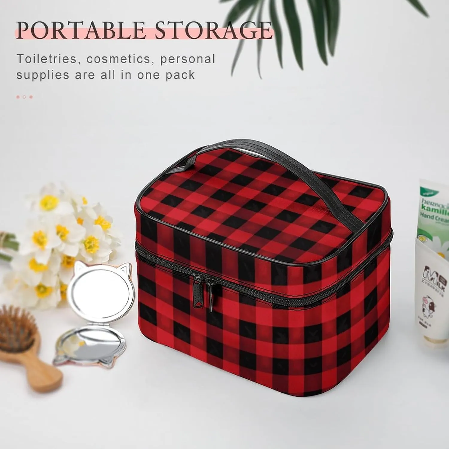 Travel Toiletry Bag for Women And Men,Red Black Buffalo Check Plaid Pattern Toiletry Organizer, Makeup Bag Travel Organizer for Shampoo,Toiletries