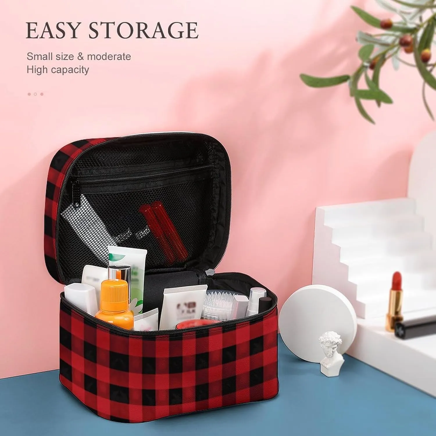 Travel Toiletry Bag for Women And Men,Red Black Buffalo Check Plaid Pattern Toiletry Organizer, Makeup Bag Travel Organizer for Shampoo,Toiletries