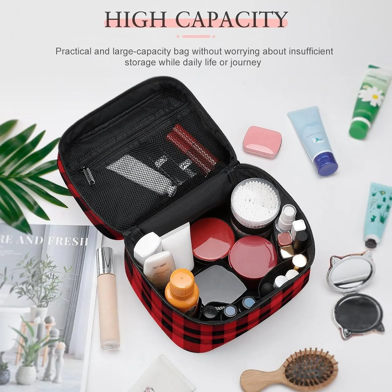 Travel Toiletry Bag for Women And Men,Red Black Buffalo Check Plaid Pattern Toiletry Organizer, Makeup Bag Travel Organizer for Shampoo,Toiletries