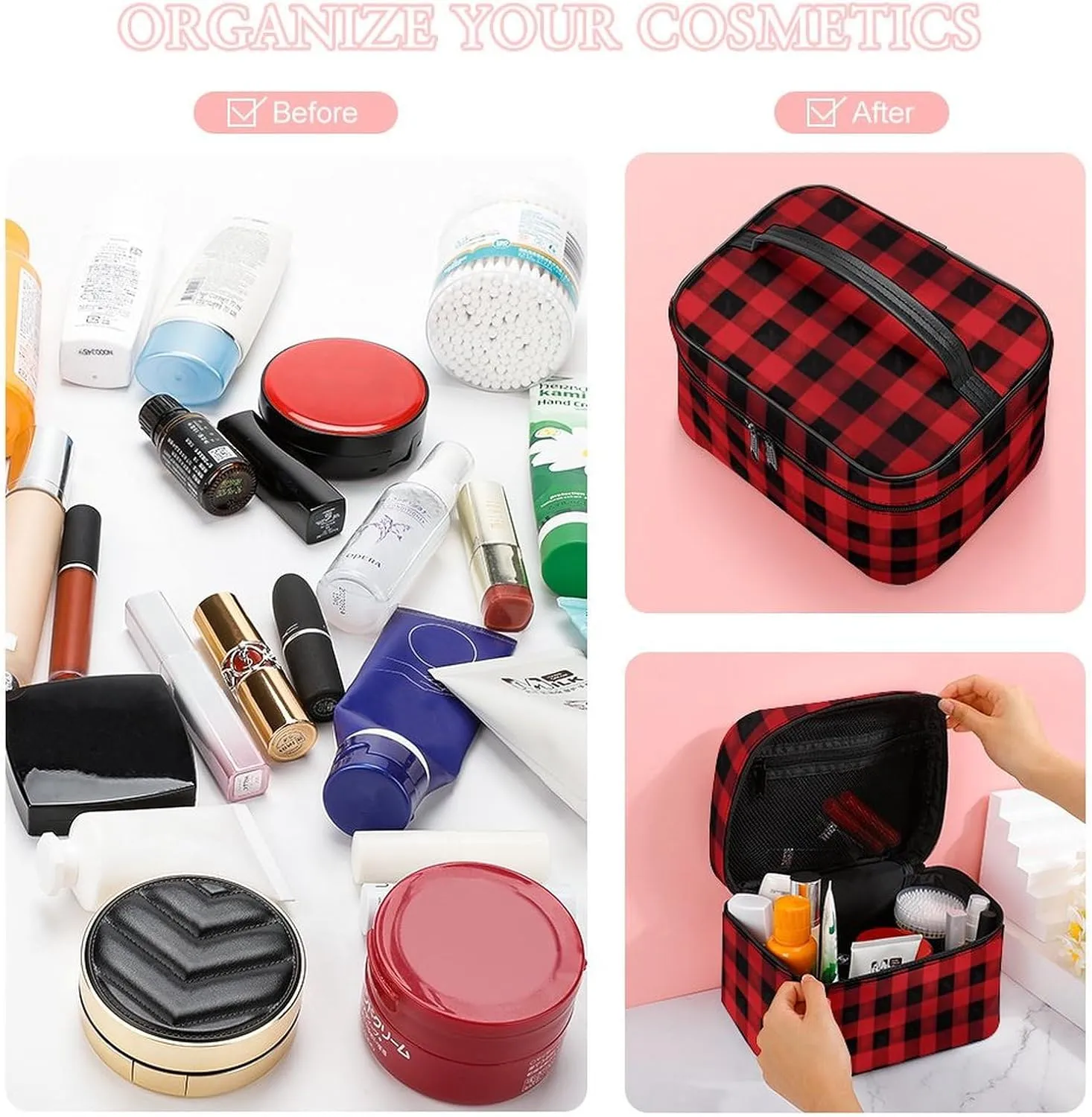Travel Toiletry Bag for Women And Men,Red Black Buffalo Check Plaid Pattern Toiletry Organizer, Makeup Bag Travel Organizer for Shampoo,Toiletries