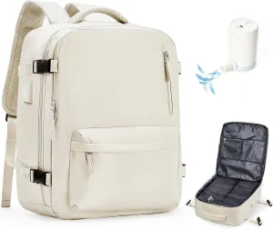 Travel Vacuum Backpack with Air Pump, 33L Large Carry on Luggage Spirit United Flight Approved, 18×14×8IN Personal Item Travel Bag with Wet Dry Separation Pocket USB Charging, Beige
