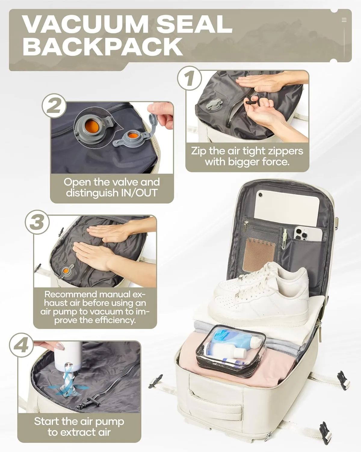 Travel Vacuum Backpack with Air Pump, 33L Large Carry on Luggage Spirit United Flight Approved, 18×14×8IN Personal Item Travel Bag with Wet Dry Separation Pocket USB Charging, Beige