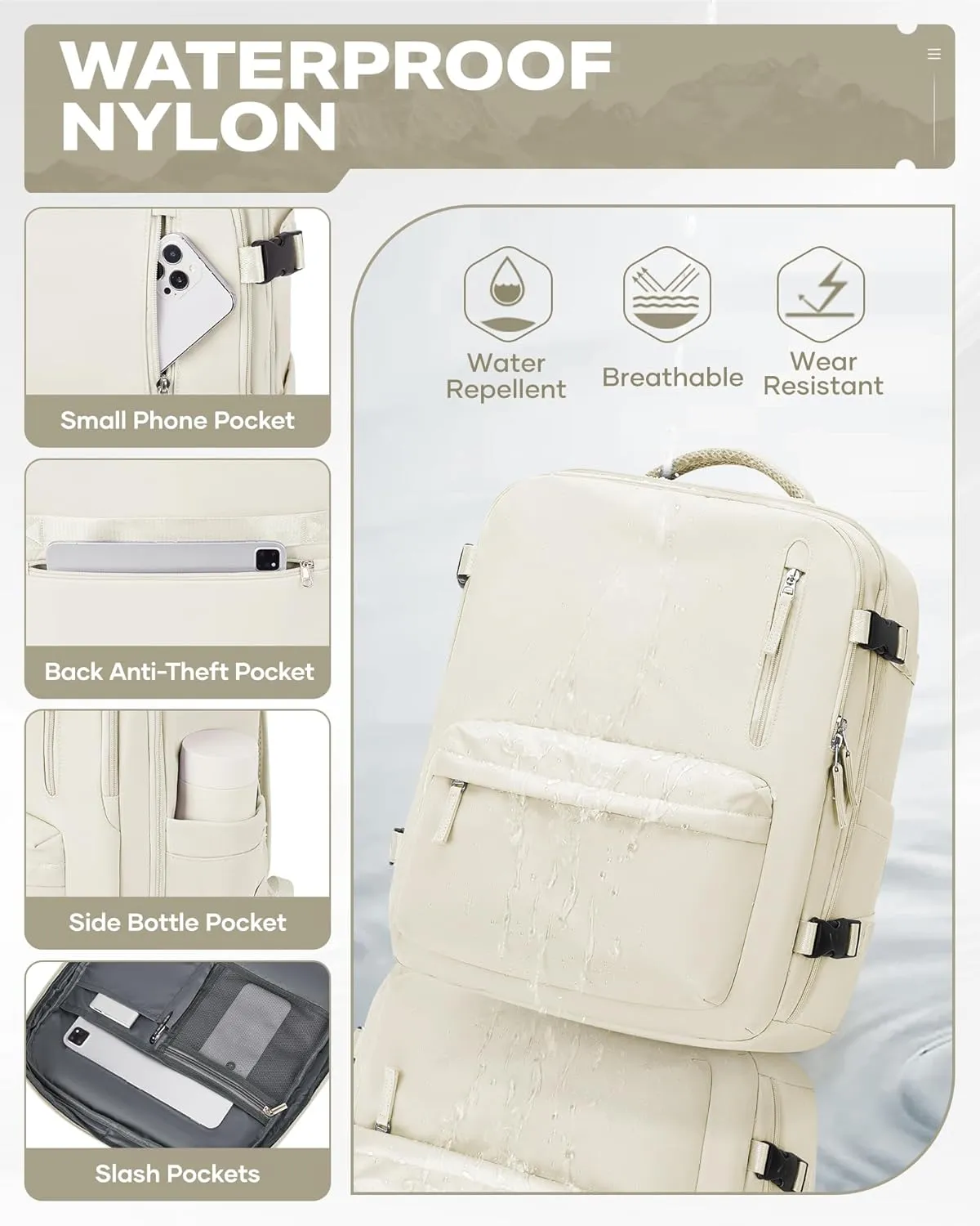 Travel Vacuum Backpack with Air Pump, 33L Large Carry on Luggage Spirit United Flight Approved, 18×14×8IN Personal Item Travel Bag with Wet Dry Separation Pocket USB Charging, Beige