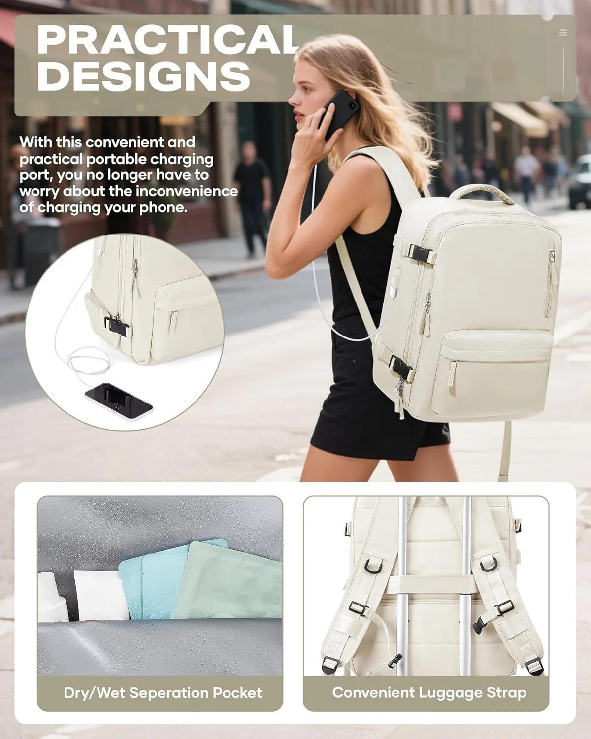 Travel Vacuum Backpack with Air Pump, 33L Large Carry on Luggage Spirit United Flight Approved, 18×14×8IN Personal Item Travel Bag with Wet Dry Separation Pocket USB Charging, Beige