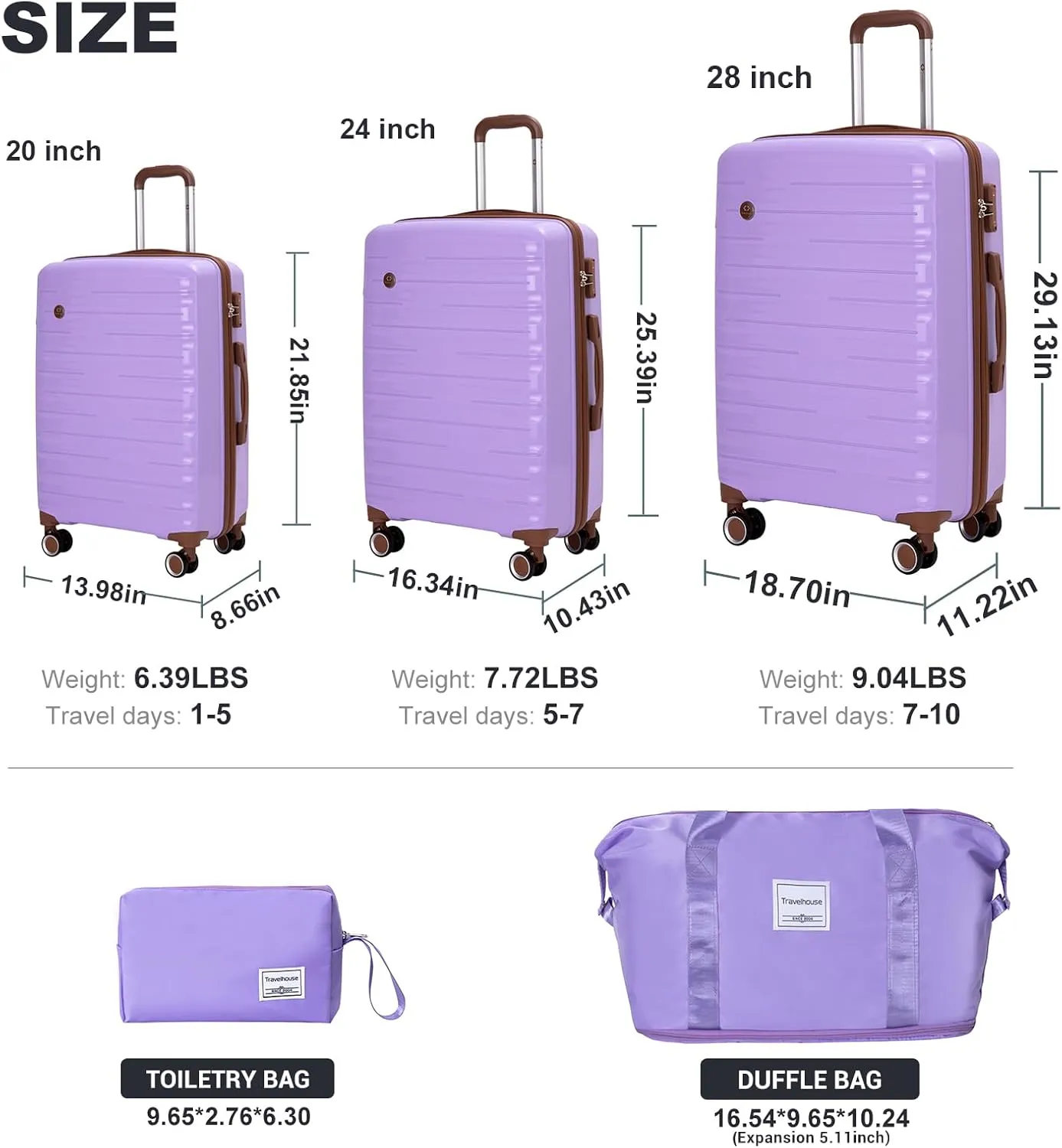 Travelhouse Luggage Sets 5 Piece Suitcases with Wheels ABS Hardshell Suitcase Set Spinner Wheels Carry on Suitcase with TSA Lock Durable Waterproof Travel Luggage (PURPLE)