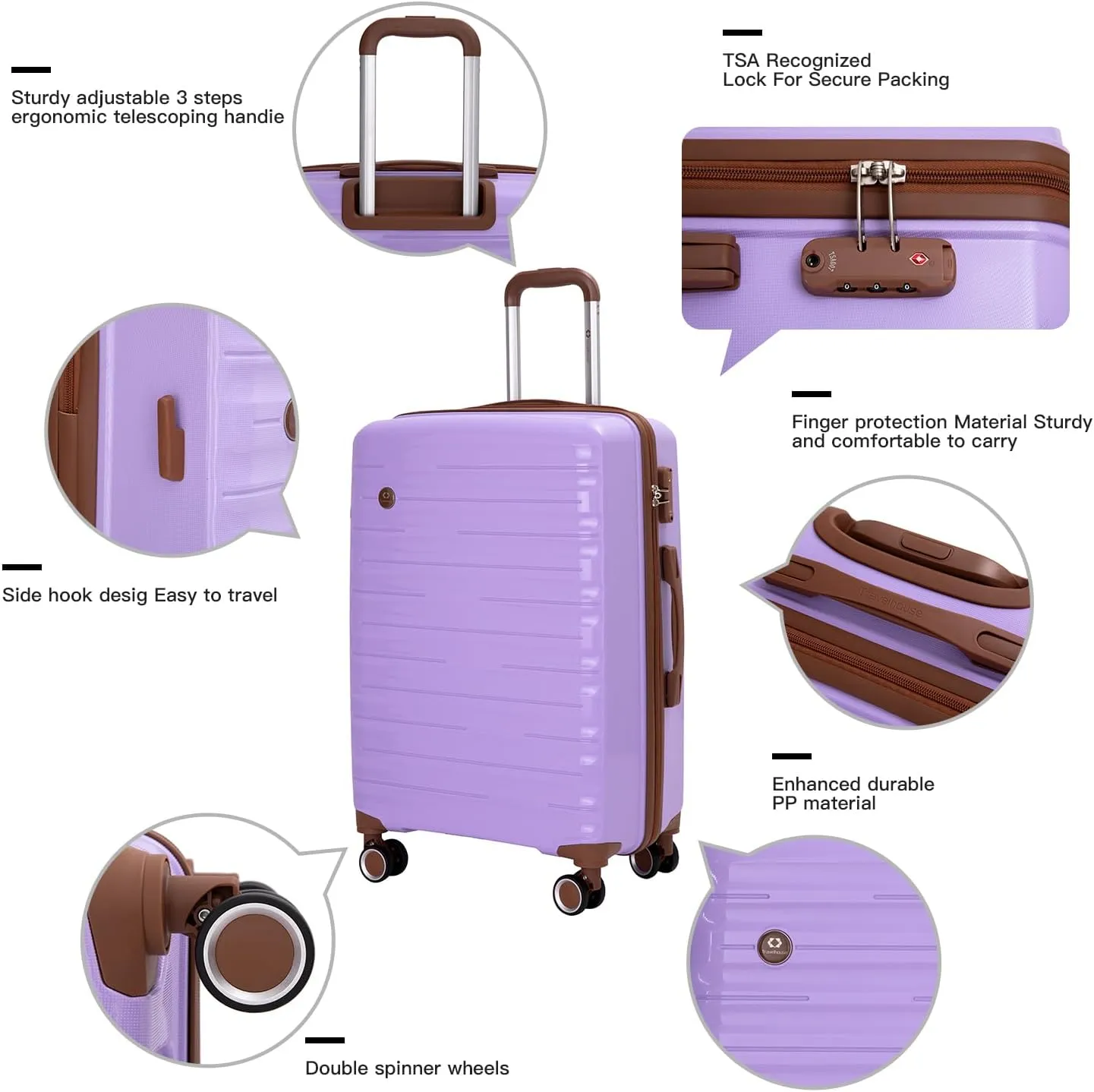 Travelhouse Luggage Sets 5 Piece Suitcases with Wheels ABS Hardshell Suitcase Set Spinner Wheels Carry on Suitcase with TSA Lock Durable Waterproof Travel Luggage (PURPLE)
