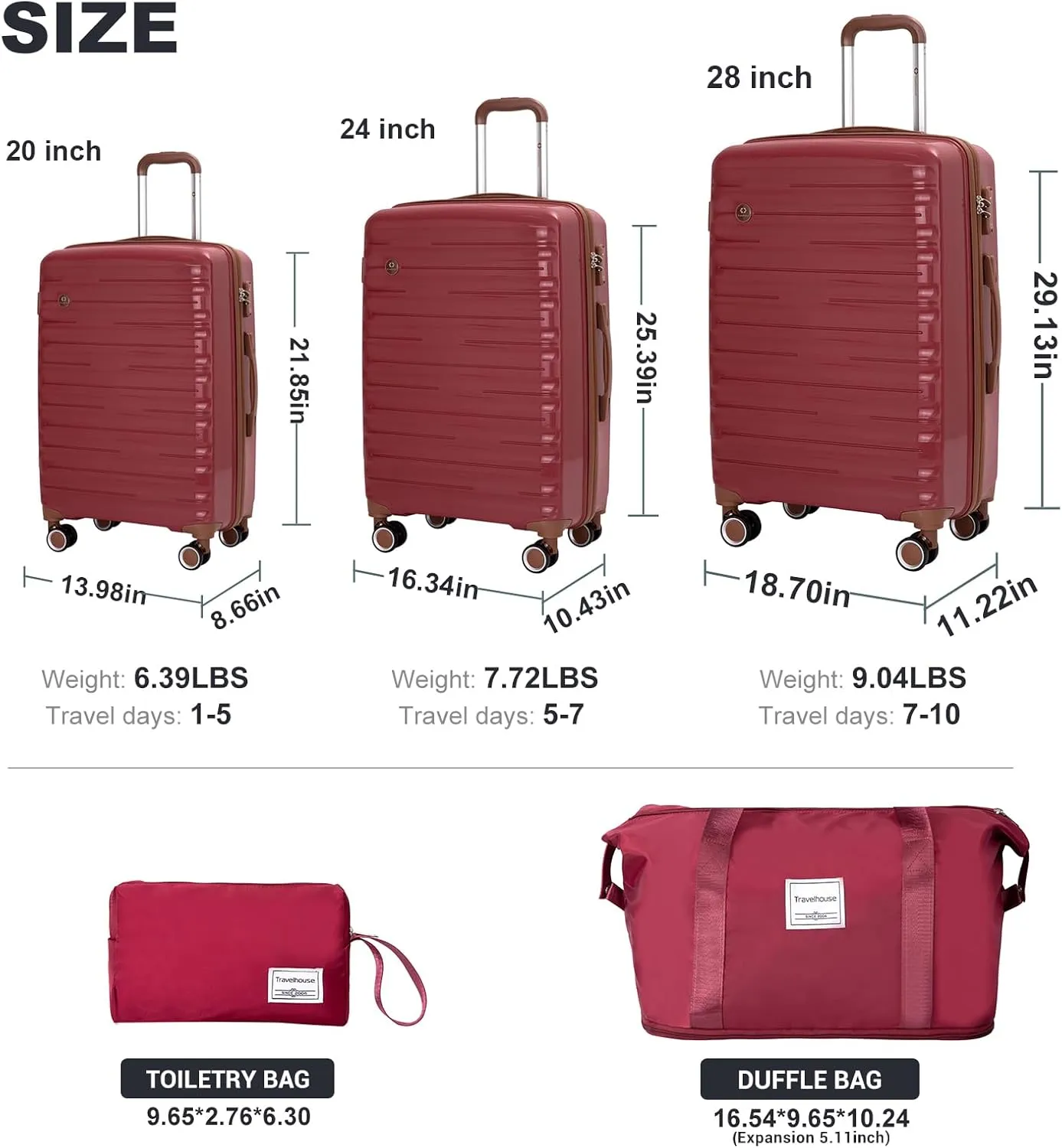 Travelhouse Luggage Sets 5 Piece Suitcases with Wheels ABS Hardshell Suitcase Set Spinner Wheels Carry on Suitcase with TSA Lock Durable Waterproof Travel Luggage (RED)