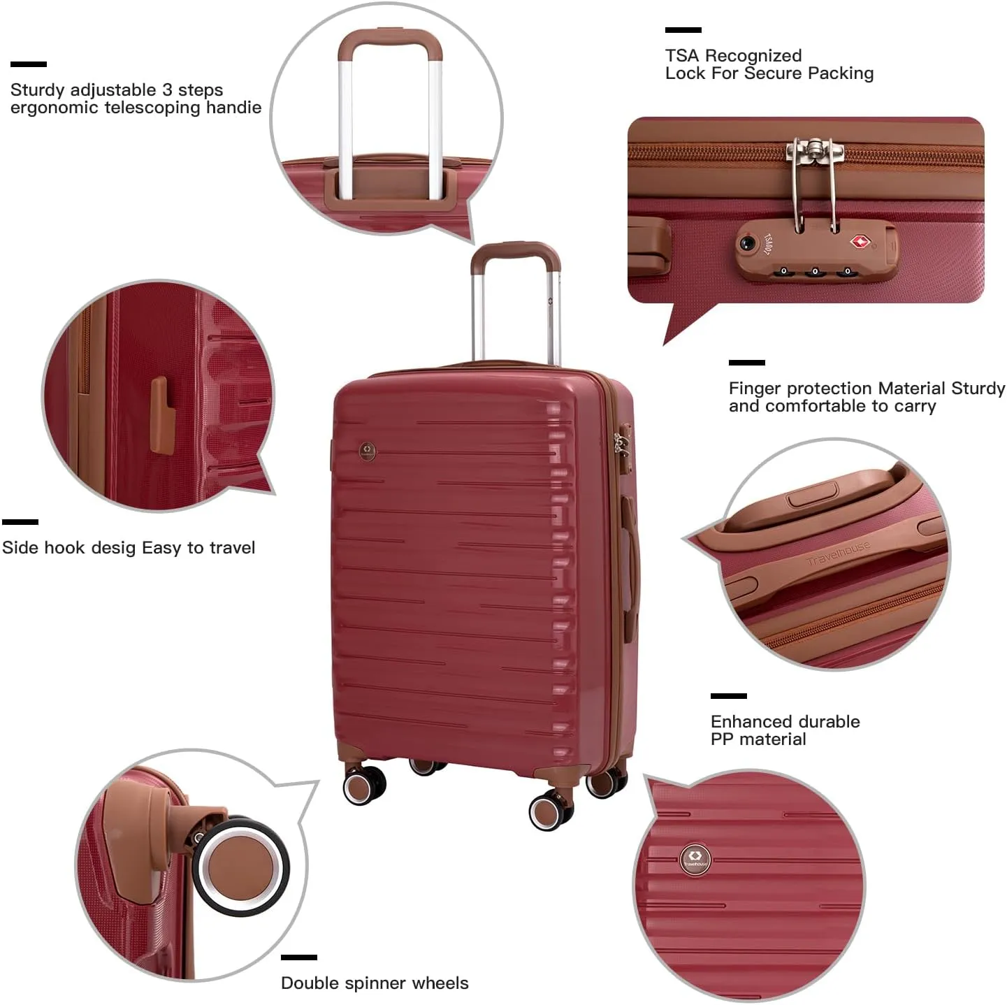 Travelhouse Luggage Sets 5 Piece Suitcases with Wheels ABS Hardshell Suitcase Set Spinner Wheels Carry on Suitcase with TSA Lock Durable Waterproof Travel Luggage (RED)