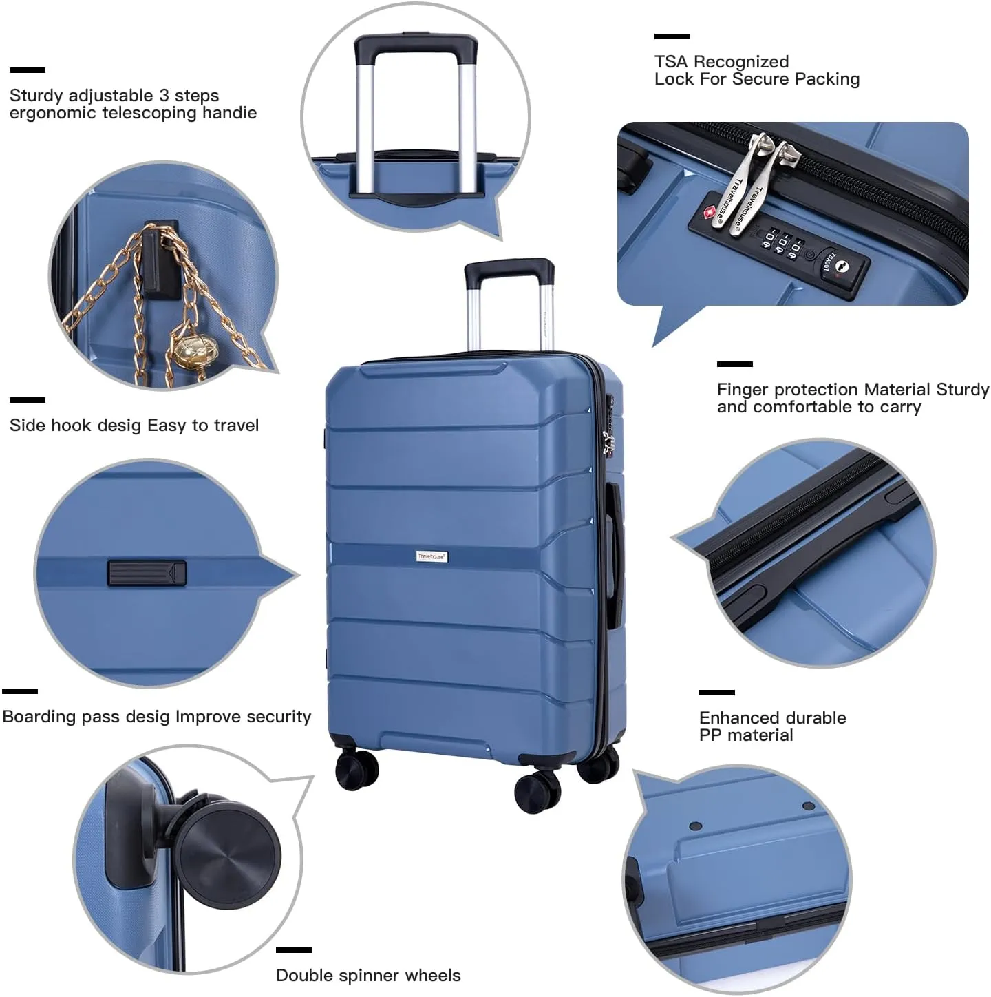 Travelhouse Luggage Sets, Hardside Suitcases 24in/28in, Carry on 20in,3 Piece Set Travel Luggages Clearance with Double Spinner Wheels TSA Lock Lightweight (SKY BLUE)