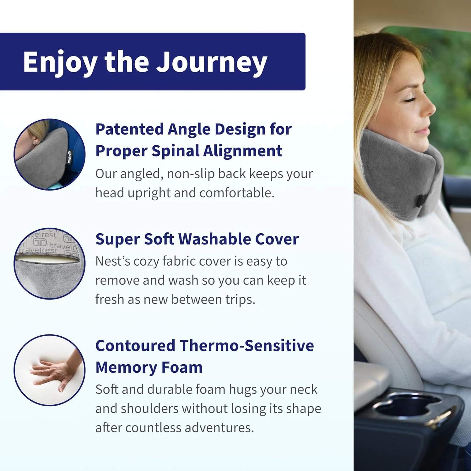 TRAVELREST Nest Memory Foam Travel Neck Pillow, Advanced Support for Long Flights, Patented Design, Optimal Relaxation, Compact, Ergonomic, Washable, On-The-Go, Attaches to Luggage - Gray