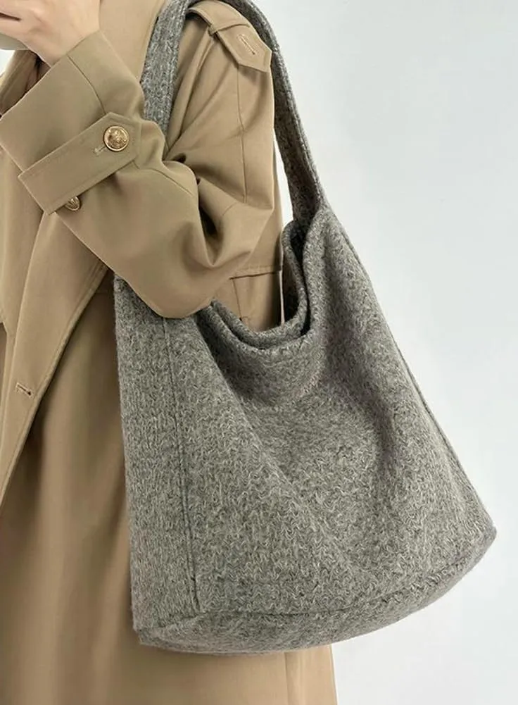 Trendy Slouchy Tote Bag for Women Soft Woolen Shoulder Handbags 2024 Winter Purses Casual Satchel Bags Travel Work 2PCS
