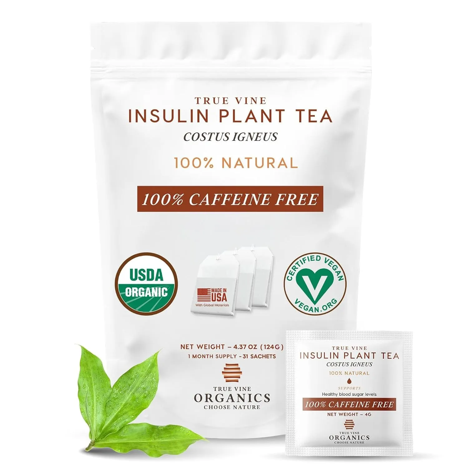 True Vine Insulin Plant Tea (USDA Organic) — Herbal Organic Tea Bags for Blood Sugar Support, Digestive Wellness & Metabolic Balance — 100% Natural, Caffeine-Free, No Additives – 31 Sachets (4g Each)