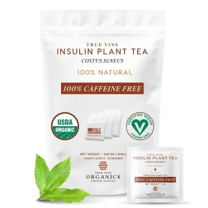 True Vine Insulin Plant Tea (USDA Organic) — Herbal Organic Tea Bags for Blood Sugar Support, Digestive Wellness & Metabolic Balance — 100% Natural, Caffeine-Free, No Additives – 31 Sachets (4g Each)