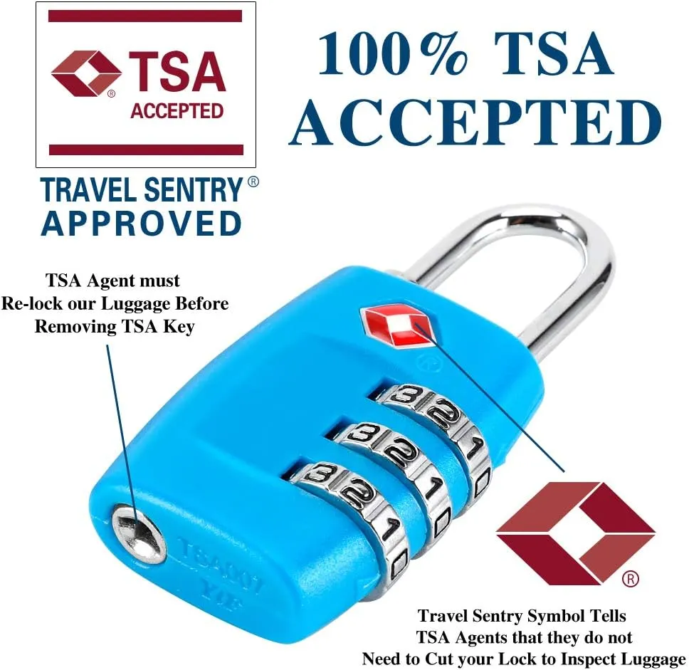 TSA Luggage Locks (4Pack) - 3 Digit Combination Padlocks - Approved Travel Lock for Suitcases & Baggage (Blue)