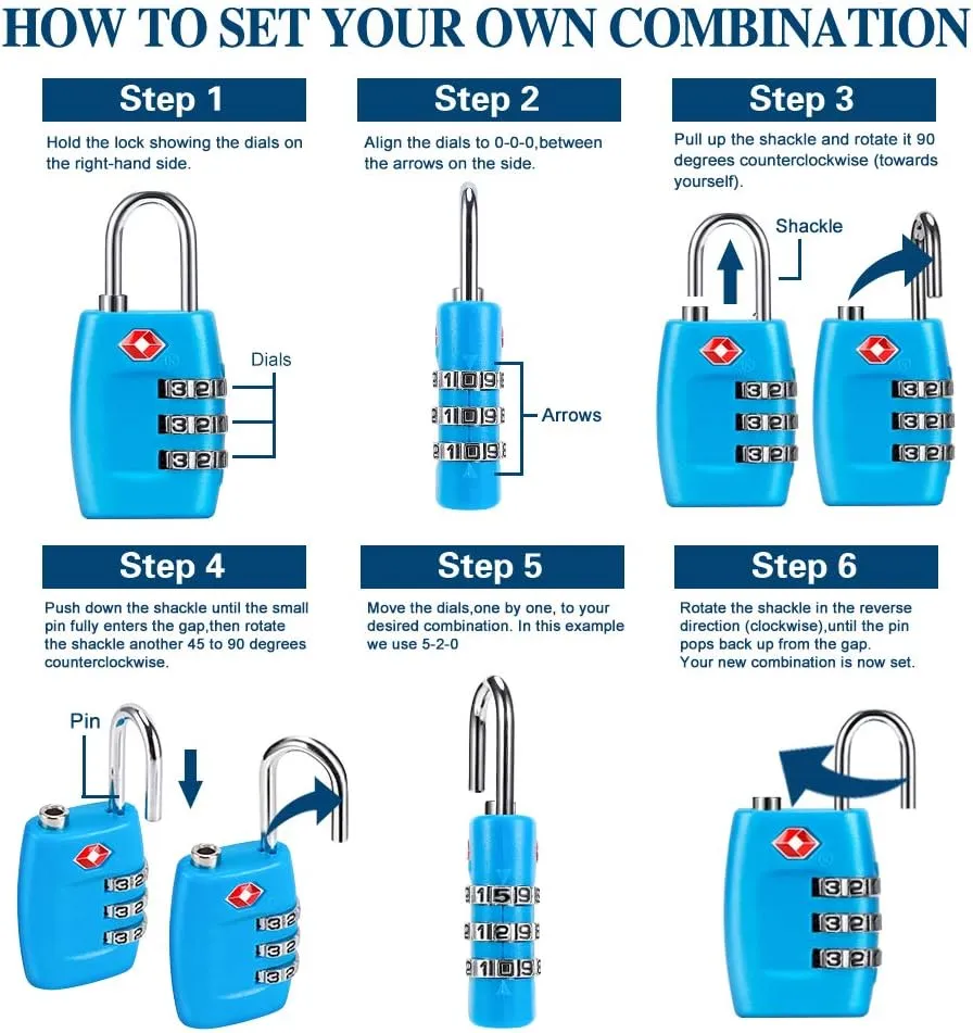 TSA Luggage Locks (4Pack) - 3 Digit Combination Padlocks - Approved Travel Lock for Suitcases & Baggage (Blue)