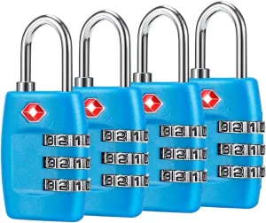 TSA Luggage Locks (4Pack) - 3 Digit Combination Padlocks - Approved Travel Lock for Suitcases & Baggage (Blue)
