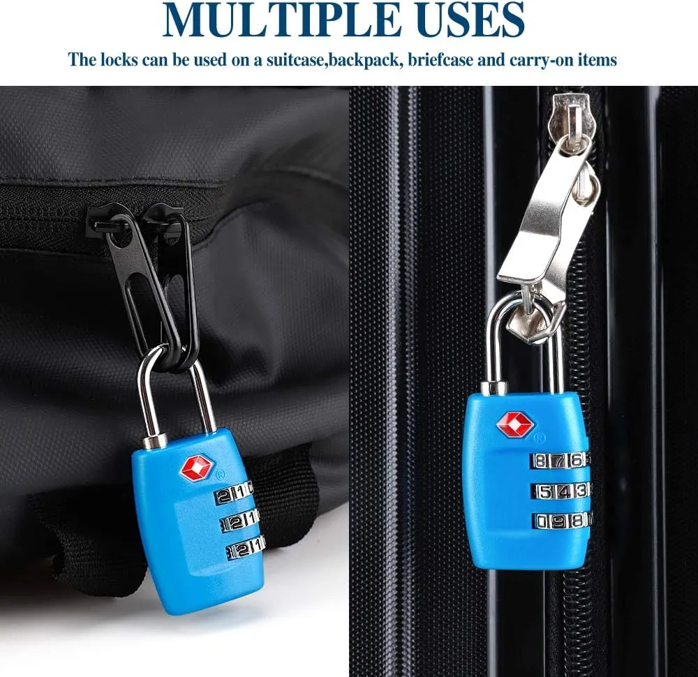 TSA Luggage Locks (4Pack) - 3 Digit Combination Padlocks - Approved Travel Lock for Suitcases & Baggage (Blue)