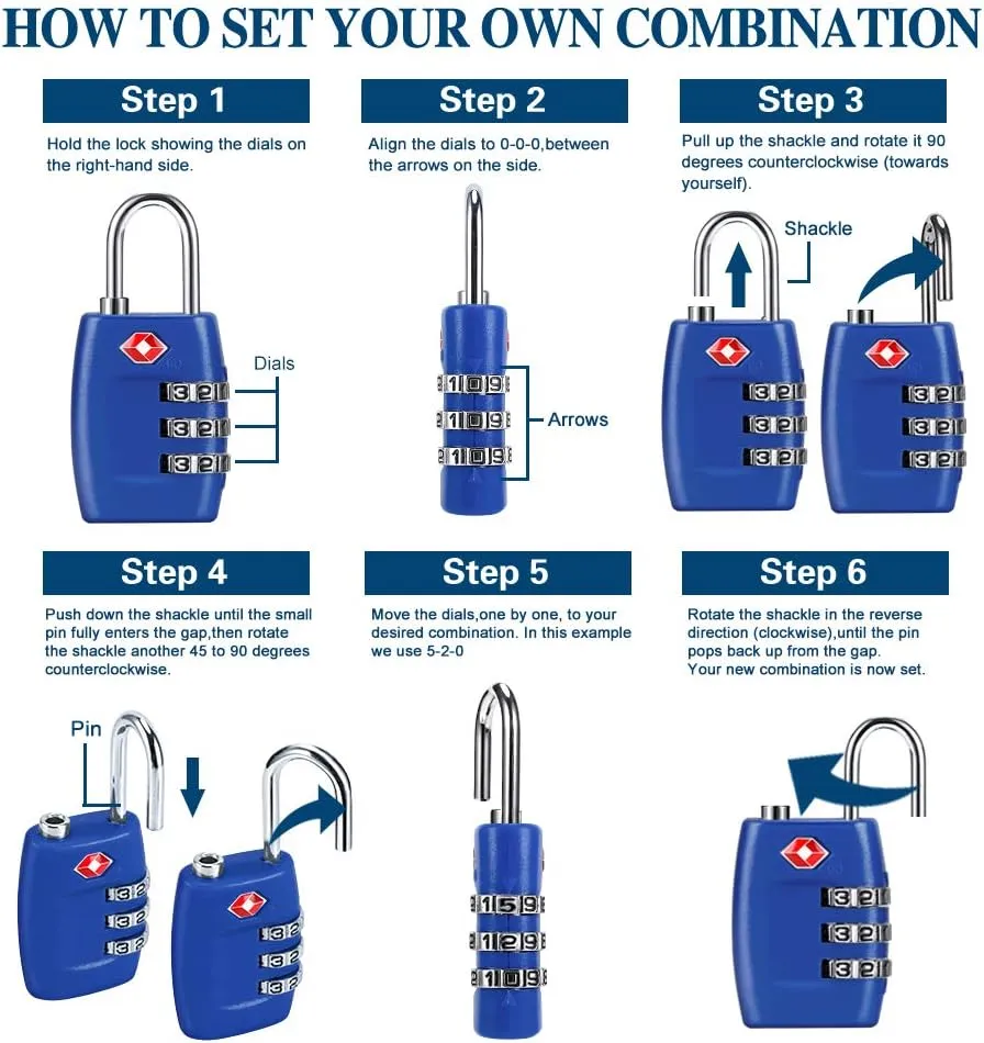 TSA Luggage Locks (4Pack) - 3 Digit Combination Padlocks - Approved Travel Lock for Suitcases & Baggage (Dark Blue)