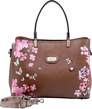 Twilight Garden Designer Leather Tote Bag with Floral and Hummingbird Embellishments and Adjustable Shoulder Strap