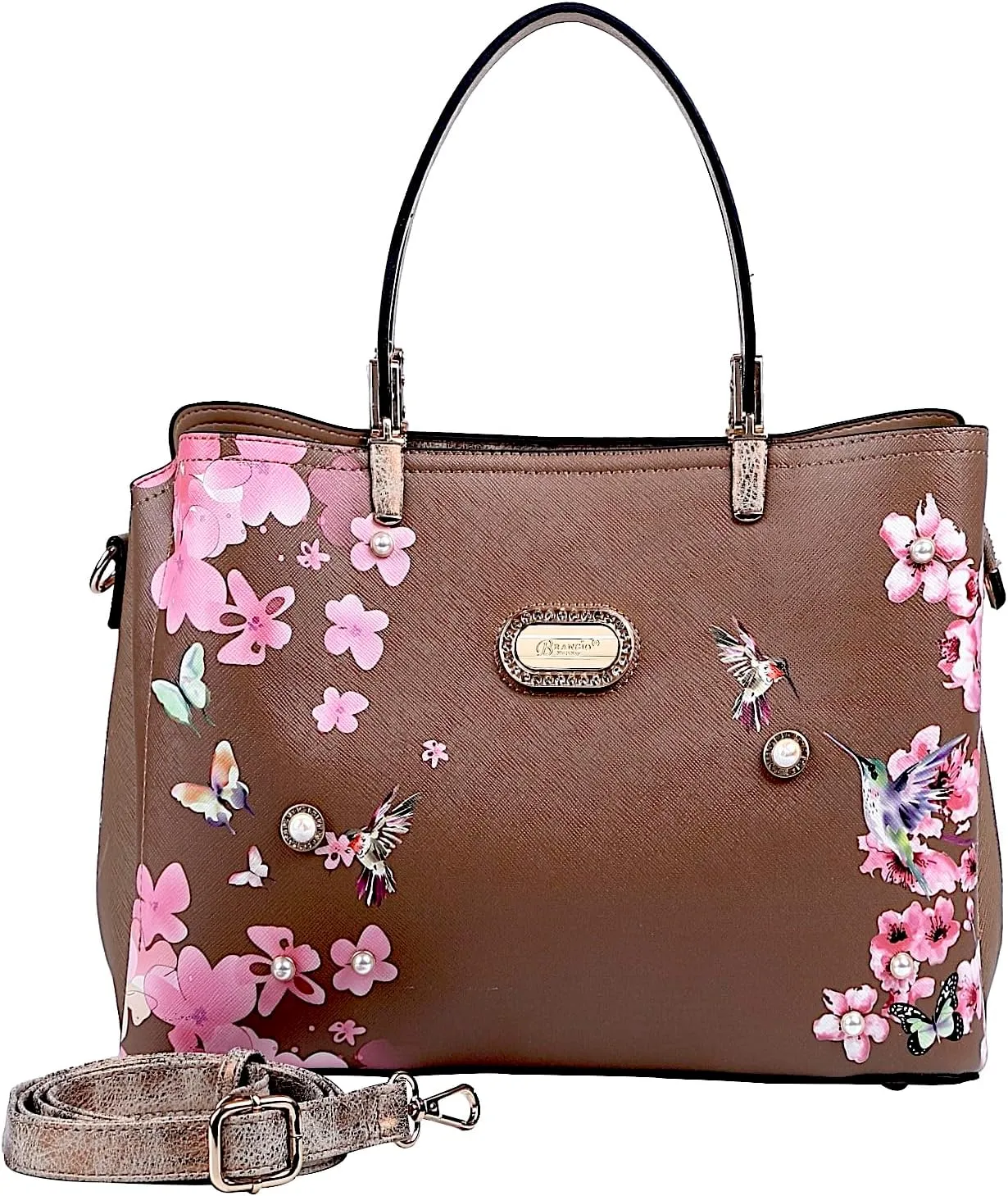 Twilight Garden Designer Leather Tote Bag with Floral and Hummingbird Embellishments and Adjustable Shoulder Strap