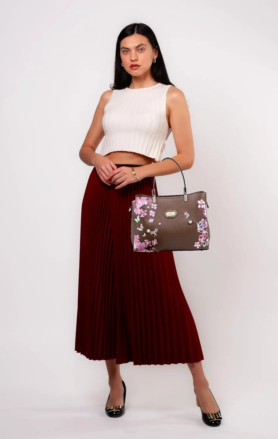 Twilight Garden Designer Leather Tote Bag with Floral and Hummingbird Embellishments and Adjustable Shoulder Strap