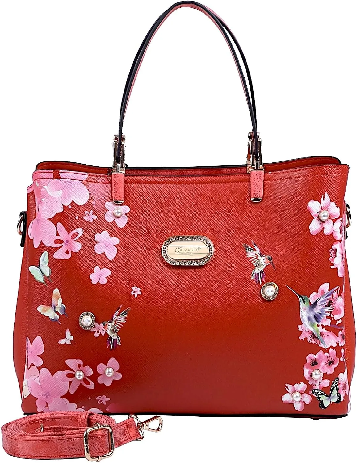 Twilight Garden Designer Leather Tote Bag with Floral and Hummingbird Embellishments and Adjustable Shoulder Strap