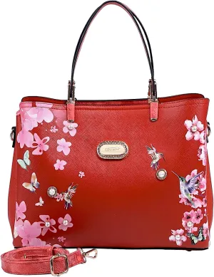 Twilight Garden Designer Leather Tote Bag with Floral and Hummingbird Embellishments and Adjustable Shoulder Strap