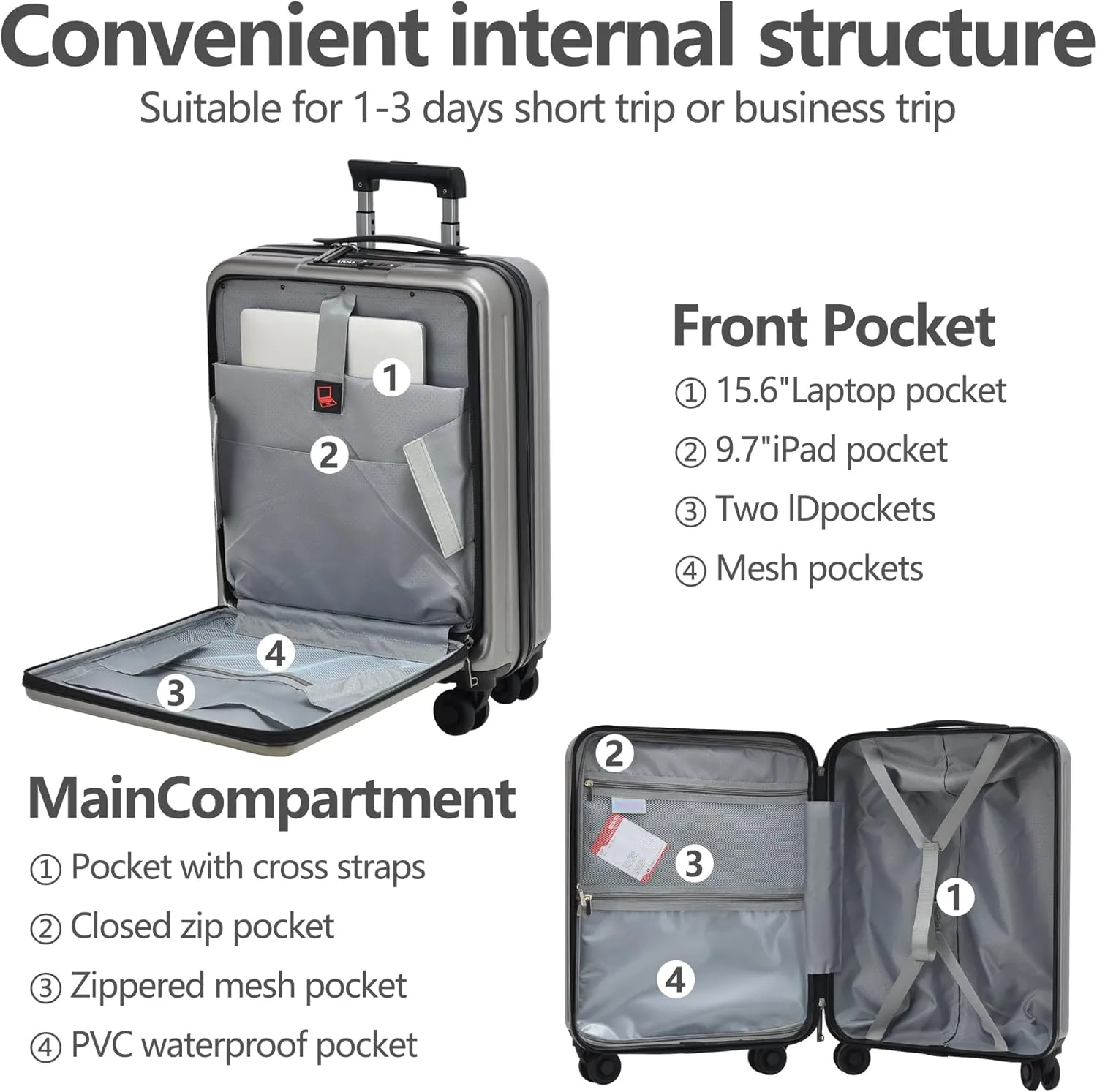 TydeCkare 20 Inch Carry On Luggage with Front Pocket, 21.65 * 15.35 * 7.87" Suitable for Airplane Overhead Bin, 34L Lightweight PC ABS Hardshell with YKK Zipper, TSA Lock Approved, Dark Gray