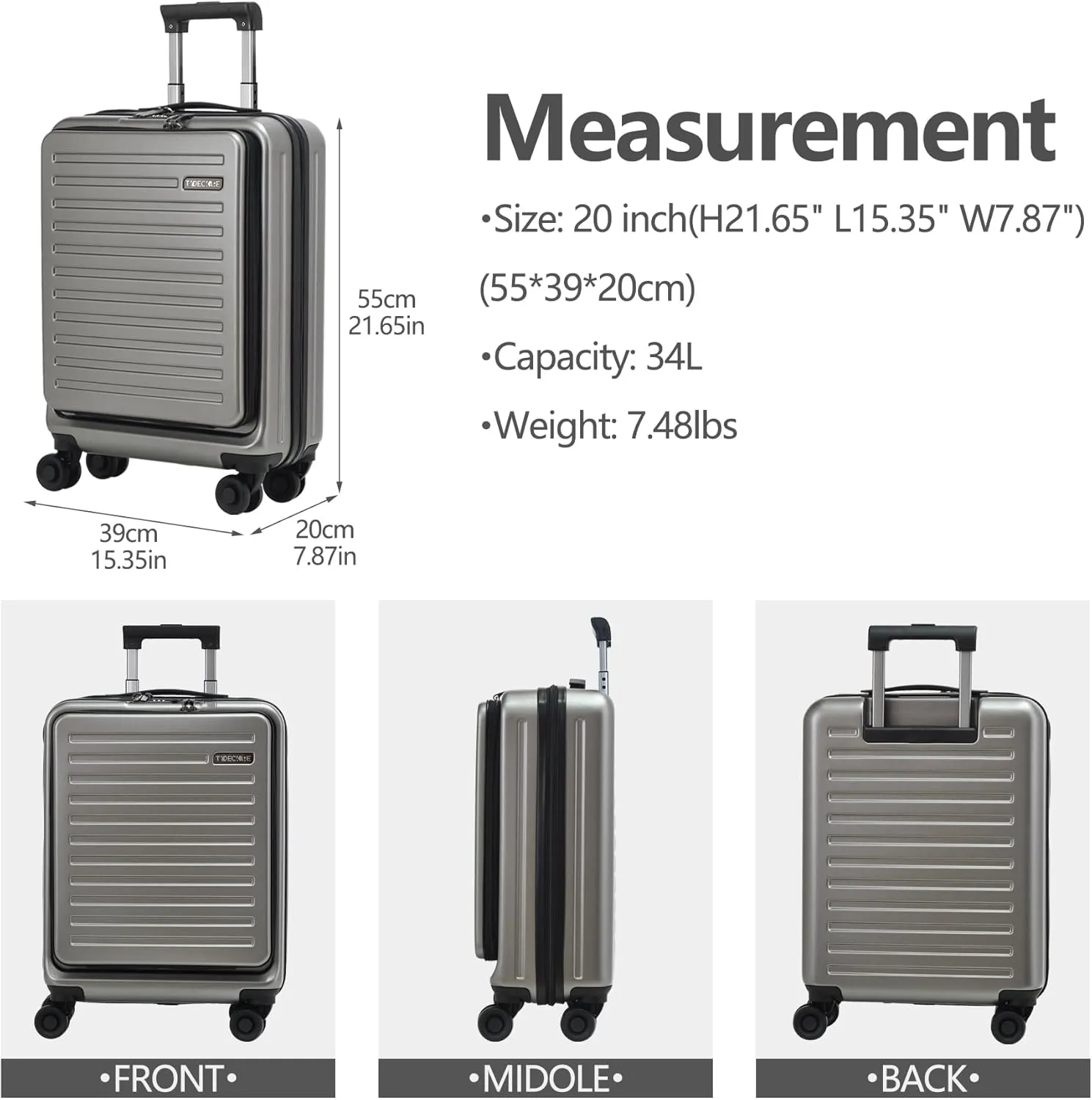 TydeCkare 20 Inch Carry On Luggage with Front Pocket, 21.65 * 15.35 * 7.87" Suitable for Airplane Overhead Bin, 34L Lightweight PC ABS Hardshell with YKK Zipper, TSA Lock Approved, Dark Gray