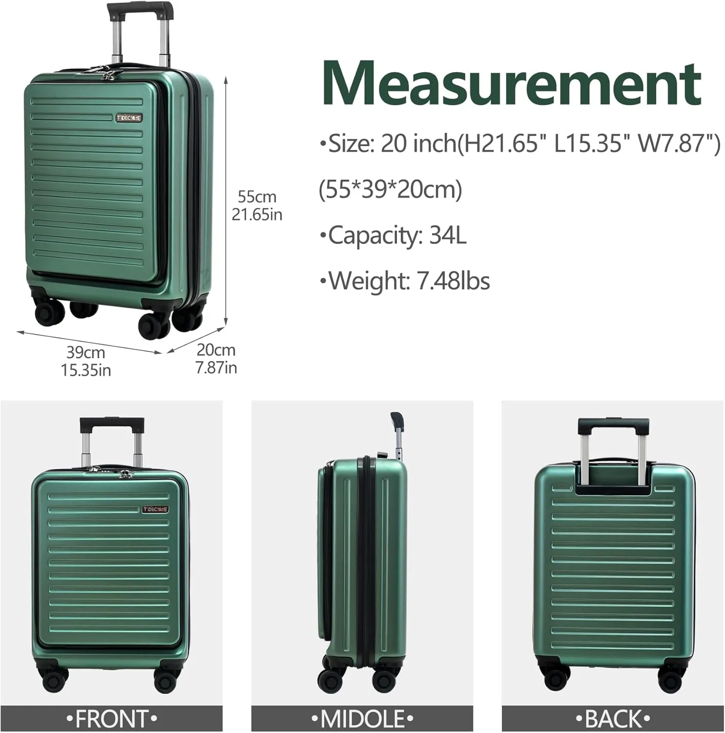 TydeCkare 20 Inch Carry On Luggage with Front Pocket, 21.65 * 15.35 * 7.87" Suitable for Airplane Overhead Bin, 34L Lightweight PC ABS Hardshell with YKK Zipper, TSA Lock Approved, Dark Green
