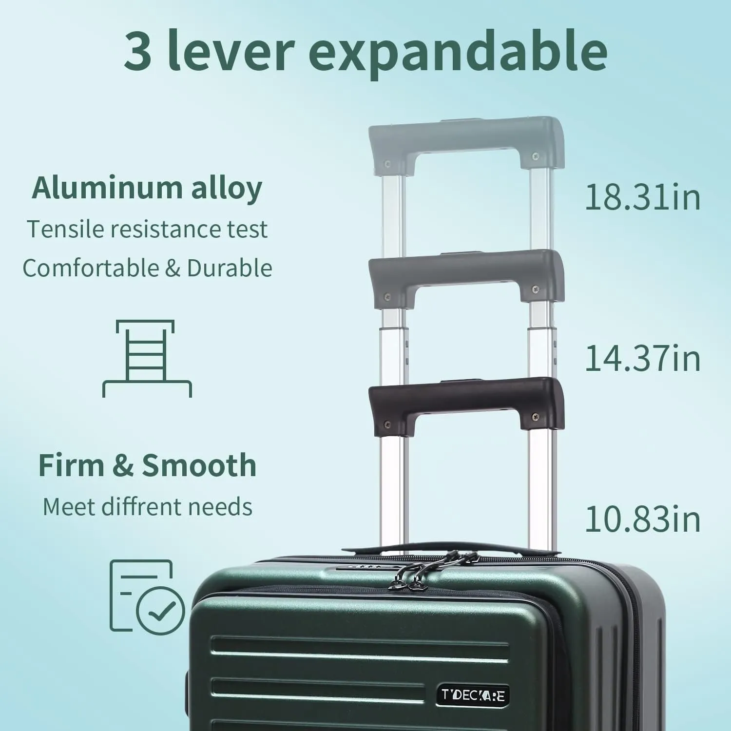 TydeCkare 20 Inch Carry On Luggage with Front Pocket, 21.65 * 15.35 * 7.87" Suitable for Airplane Overhead Bin, 34L Lightweight PC ABS Hardshell with YKK Zipper, TSA Lock Approved, Dark Green
