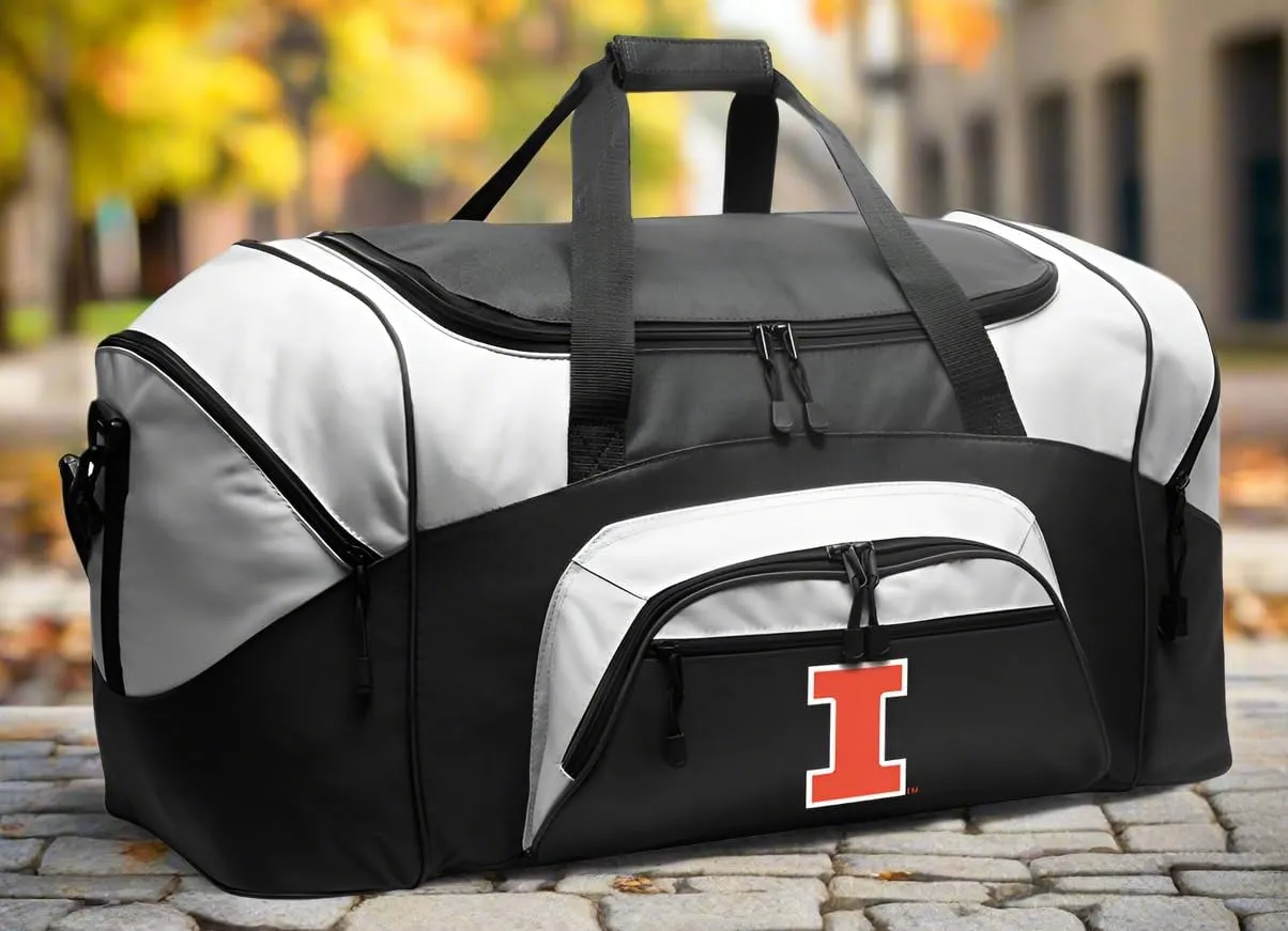 University of Illinois Duffel Bag LARGE Illini Suitcase or Gym Bag for Men Ladies Him or Her! (Black)