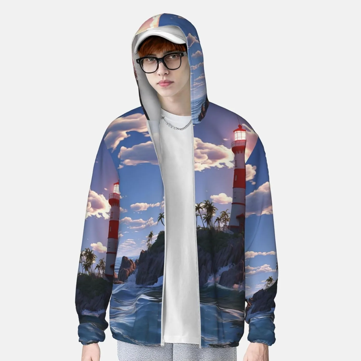 UPF 50  Sun Protection Hoodie Jacket Full Zip Long Sleeve Sun Shirt Navigation Lighthouse Fishing Shirt