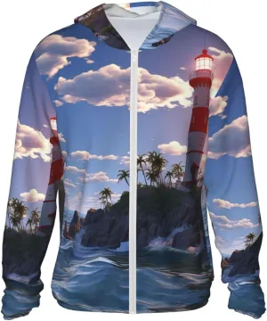 UPF 50  Sun Protection Hoodie Jacket Full Zip Long Sleeve Sun Shirt Navigation Lighthouse Fishing Shirt