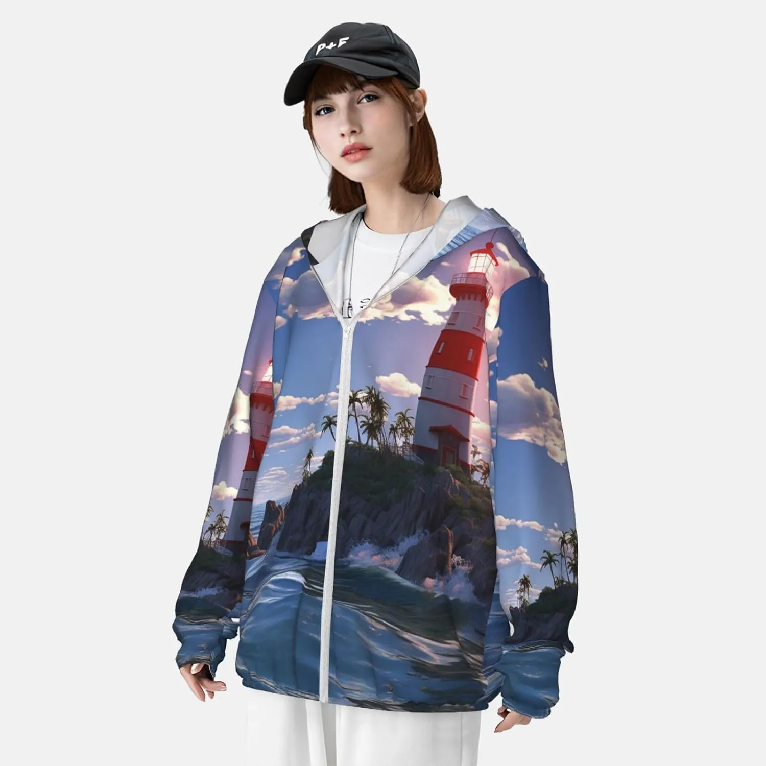 UPF 50  Sun Protection Hoodie Jacket Full Zip Long Sleeve Sun Shirt Navigation Lighthouse Fishing Shirt