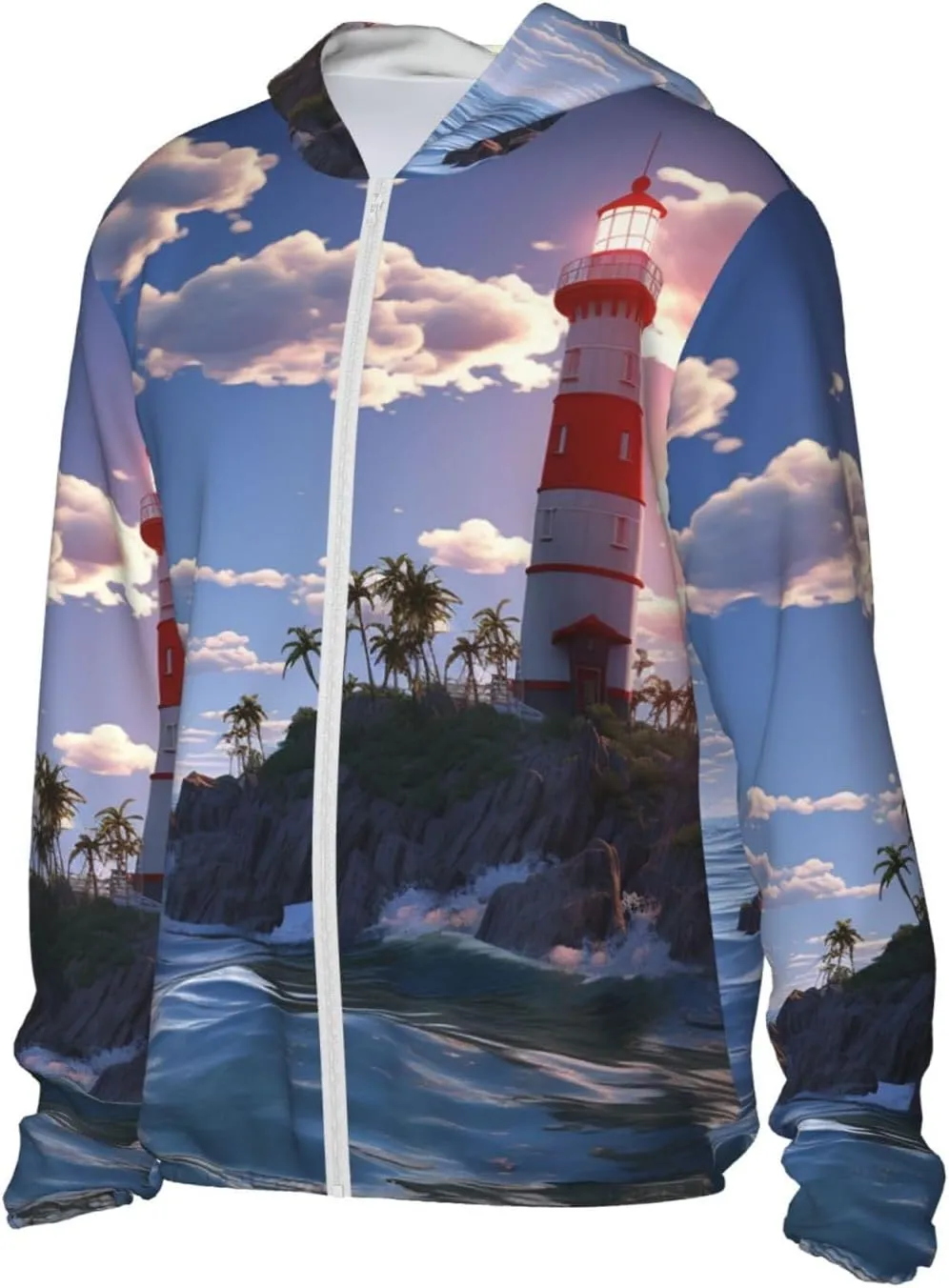 UPF 50  Sun Protection Hoodie Jacket Full Zip Long Sleeve Sun Shirt Navigation Lighthouse Fishing Shirt